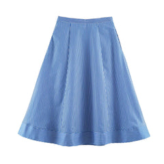 LIZAKOSHT  -  Fashion Women Blue White Stripes Midi Skirt Zipper Waist A-lined Swing A-lined Umbrella Skirts Bottom