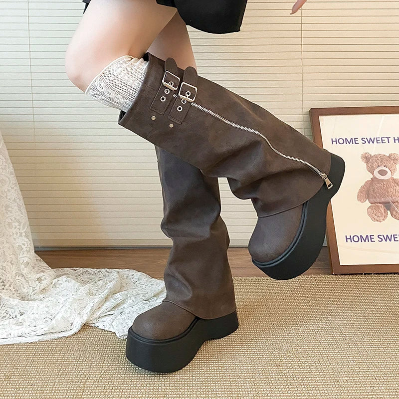 LIZAKOSHT  -  Chunky Style Women Knight High Boots Designer Belt Buckle Platform Heel Shoes Autumn Winter Thick Sole Ladies Long Booties