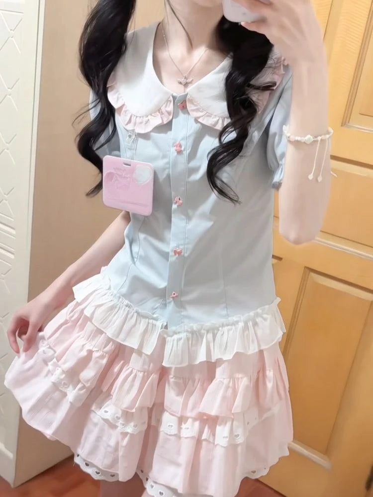 LIZAKOSHT  -  Y2k Harajuku Vintage Sweet Slim 2 Piece Skirt Sets Kawaii Short Sleeve Blouse + Patchwork Cake Mini Skirts 2000s Lolita Suits