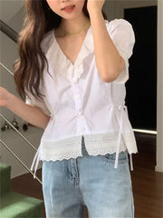 LIZAKOSHT  -  Stylish New Shirts Women Lace Patchwork V-Neck Elegant Slim 2024 Casual Summer Short Sleeve Sweet Gentle Daily