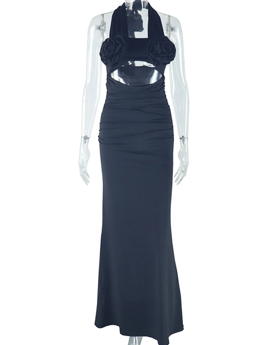 LIZAKOSHT  -  Solid Spliced Appliques Slimming Backless Dresses for Women Halter Sleeveless High Waist Temperament Dress Female Fashion