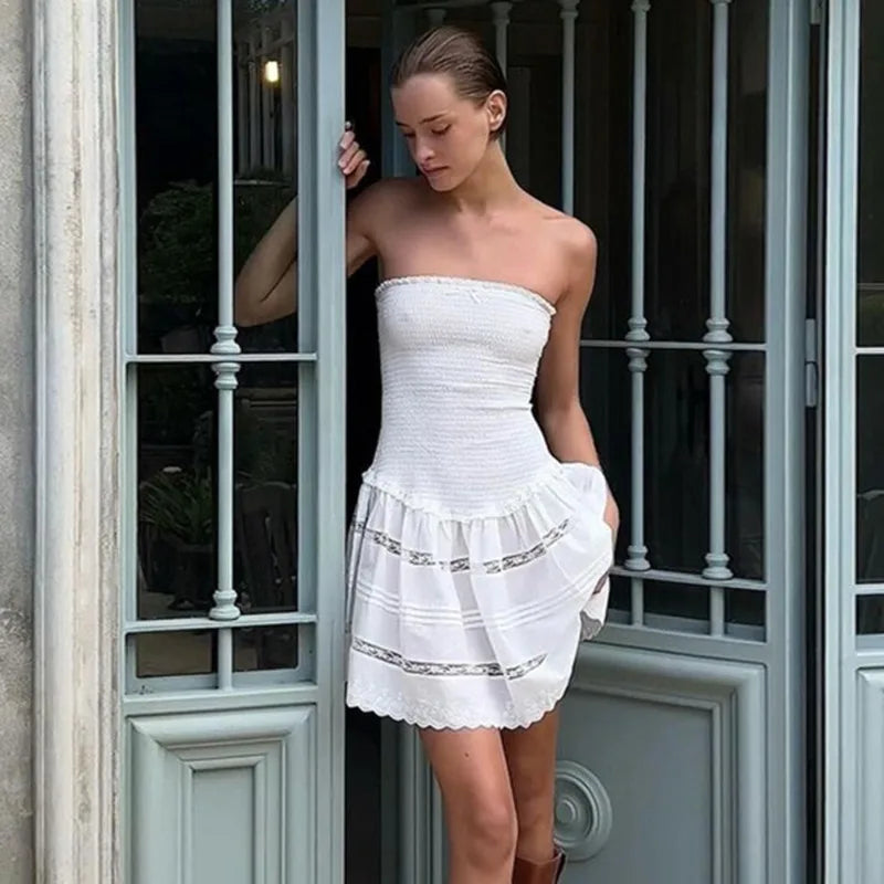 LIZAKOSHT  -  White Backless Mini Dress New Fashion Sleeveless Chest Slim Short Dress Casual Solid  A-line Women's Dresses 2025