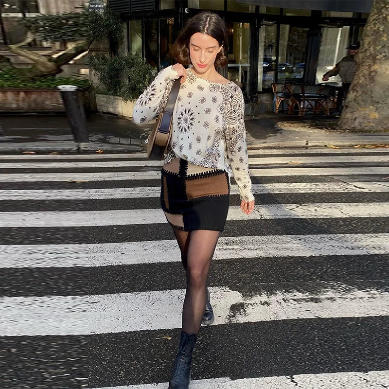LIZAKOSHT  -  Fashion Paisley Print Knit Sweater For Women Elegant O-neck Long Sleeve Cropped Pullover Lady Spring Chic Street Outerwear