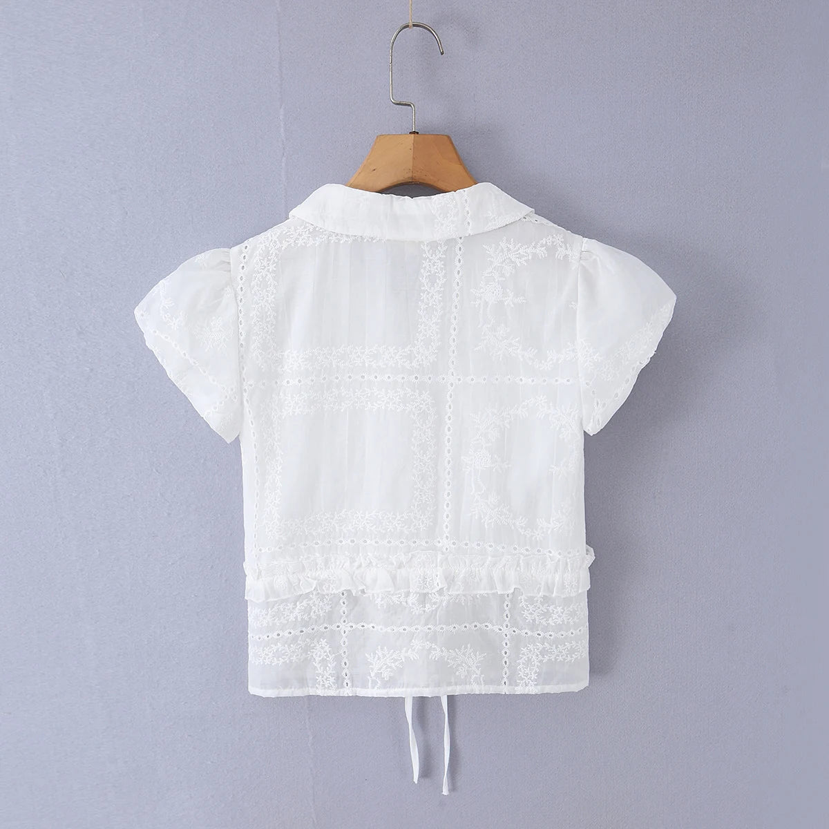 LIZAKOSHT  -  Sweet White Embroidery Hollow out Flower Lace Short Puff Sleeve Shirt Women Peter Pan Collar Lacing Up Tie Bow Front Crop Tops