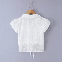 LIZAKOSHT  -  Sweet White Embroidery Hollow out Flower Lace Short Puff Sleeve Shirt Women Peter Pan Collar Lacing Up Tie Bow Front Crop Tops