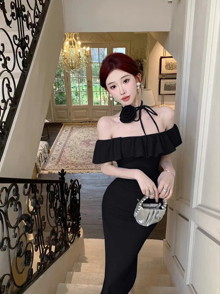 LIZAKOSHT  -  Women Slash Neck Ruffled Strapless Evening Dress Summer Sexy Flower Halter Temperament Waist Slim Fit Long Dresses Robe