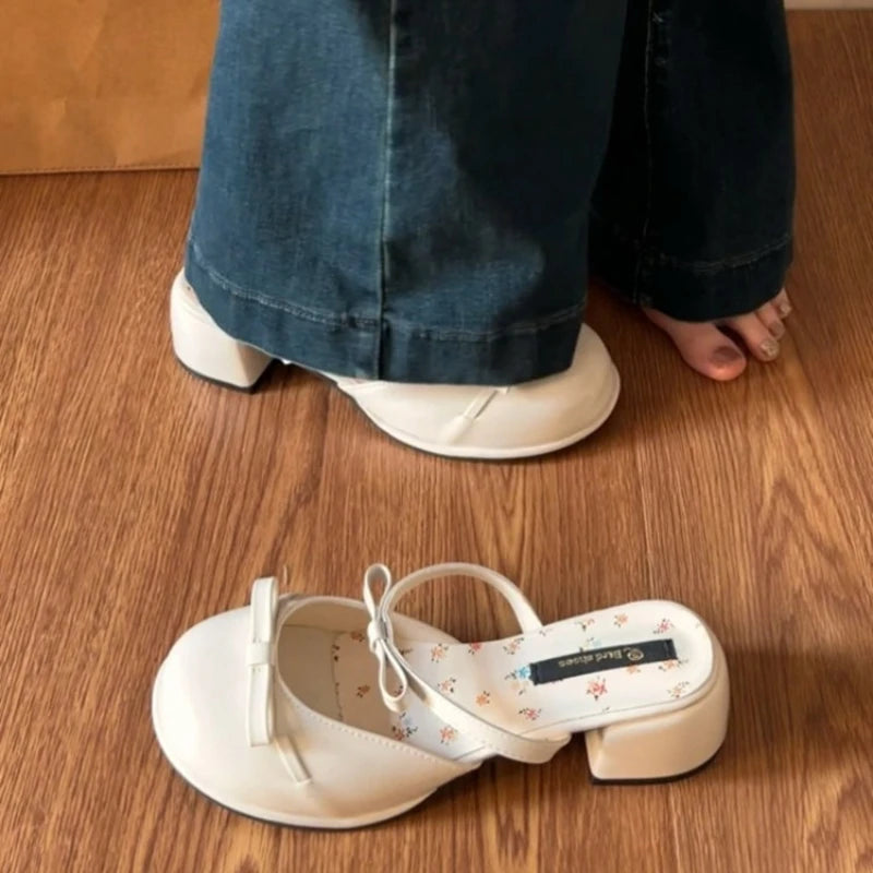 LIZAKOSHT  -  Summer Butterfly-knot Cover Toe Women Slippers Elegant Thick Heel Dress Slides Ladies Concise Slingback Dress Sandals Mule Shoes