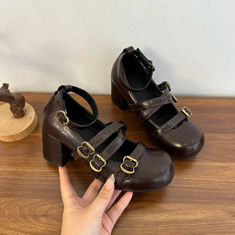 LIZAKOSHT  -  Design Cross Strap Women Mary Jane Shoes Fashion Thick Heel Shoes Autumn Ladies Outdoor Dress Stripper Leather Shoes