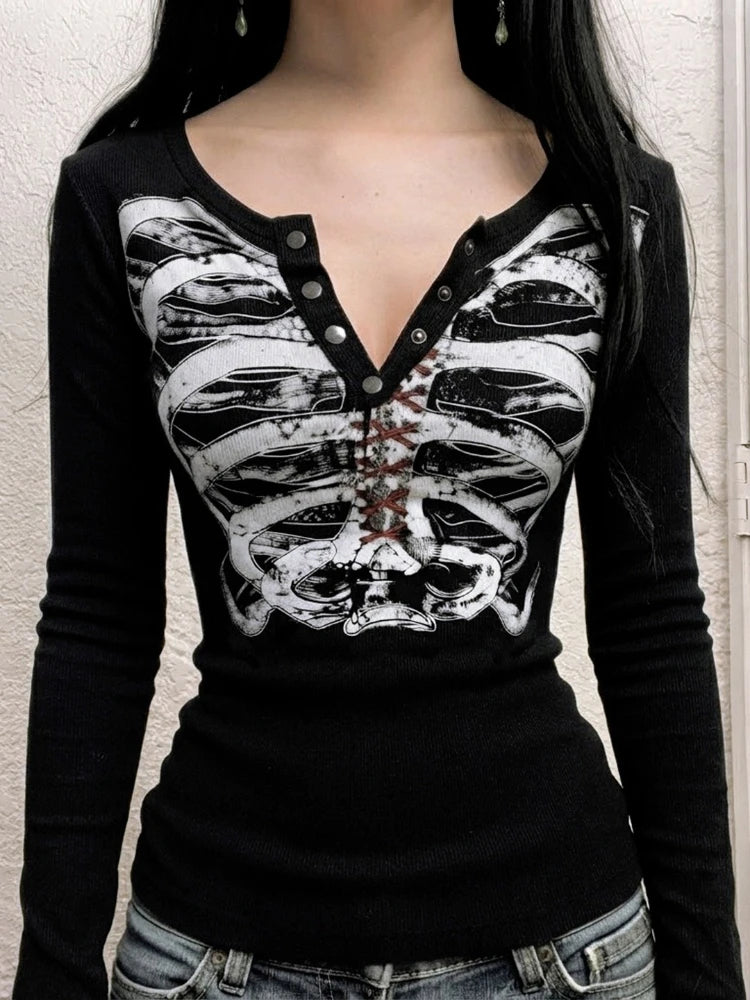 LIZAKOSHT  -  Streetwear Punk Printing Women T-shirt Harajuku Vintage Half-open Collar Button Tops Y2k Aesthetic Grunge Slim Fit Tshirts
