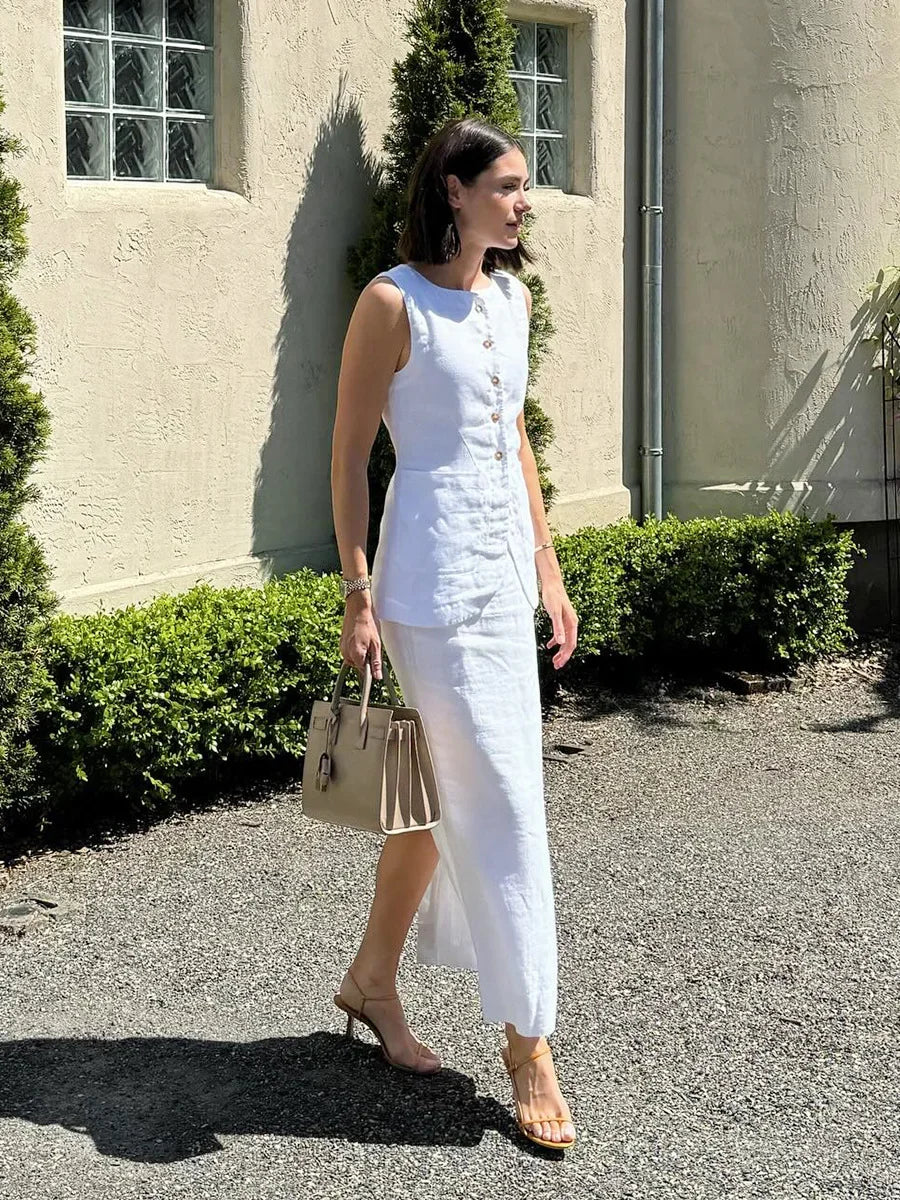 LIZAKOSHT  -  Women's Sleeveless Vest High Waisted Skirt 2-Piece Set Spring Summer New Linen Casual Suit Fashion Office Lady Vest Set