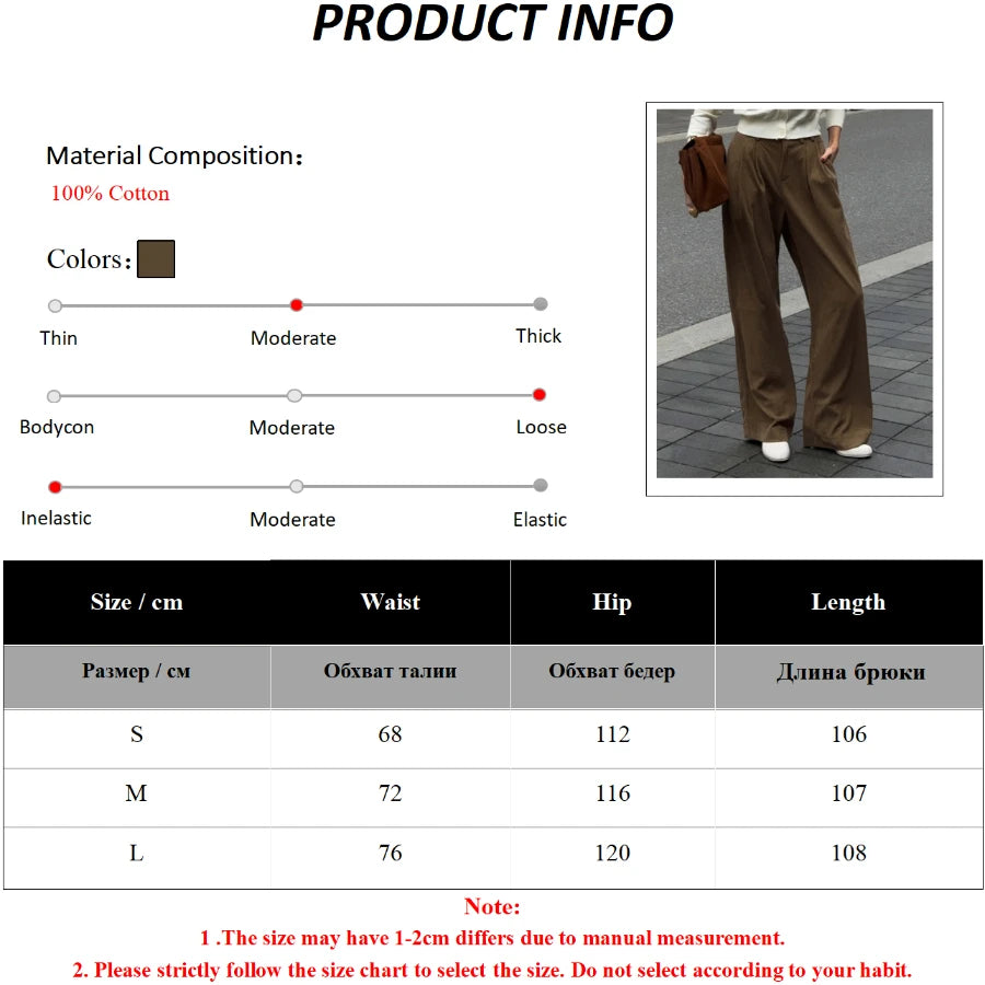 LIZAKOSHT  -  Women's New Wide Leg Pants 100% Cotton Loose Fit Drapey Trendy Waist Autumn Winter Fashion Trousers