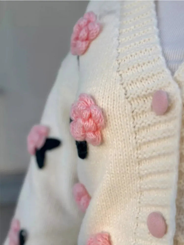 LIZAKOSHT  -  3D Flower Knitted Cardigan Woman Loose Long Sleeves Single Breasted V-Neck Casual Coats Versatile Women's Early Autumn Cardigans