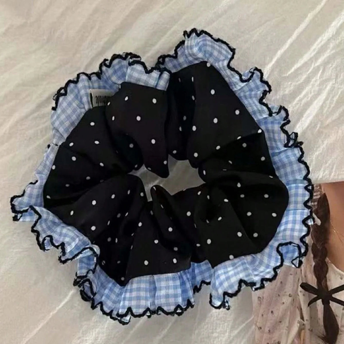 LIZAKOSHT  -  1PC Artistic-Style Blue Plaid & Polka Dot Lace Hair Scrunchie, Black Polka Dot Hair Scrunchie/Hair Tie/Hair Elastic for Top Knot