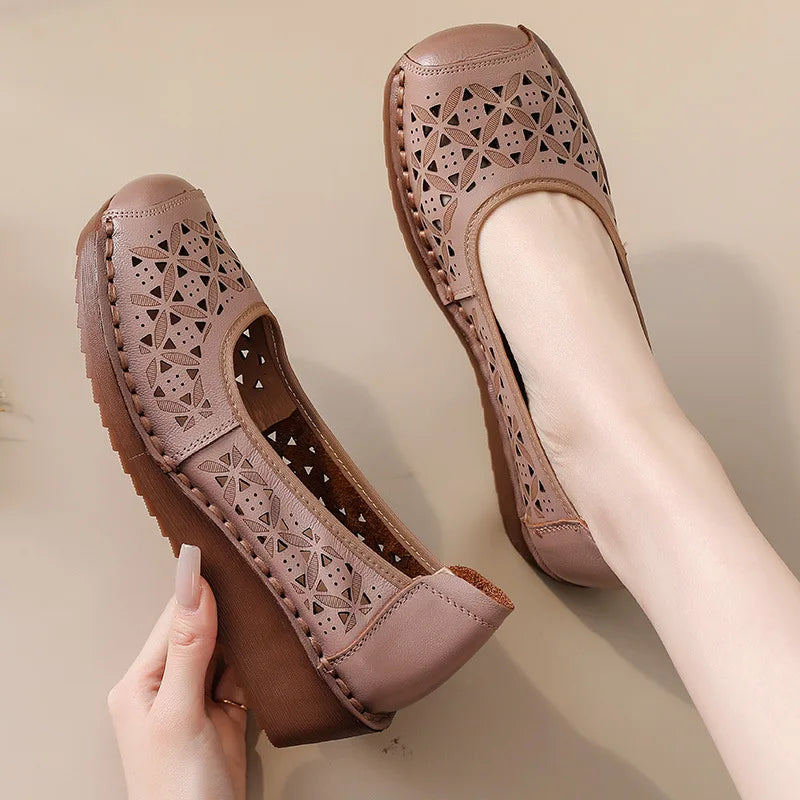 LIZAKOSHT  -  Women's Summer Real Leather Wedge Red Flats Cut out Loafers Vintage Breathable Slip-On Shoes Luxury Hollow Moccasin Female
﻿
