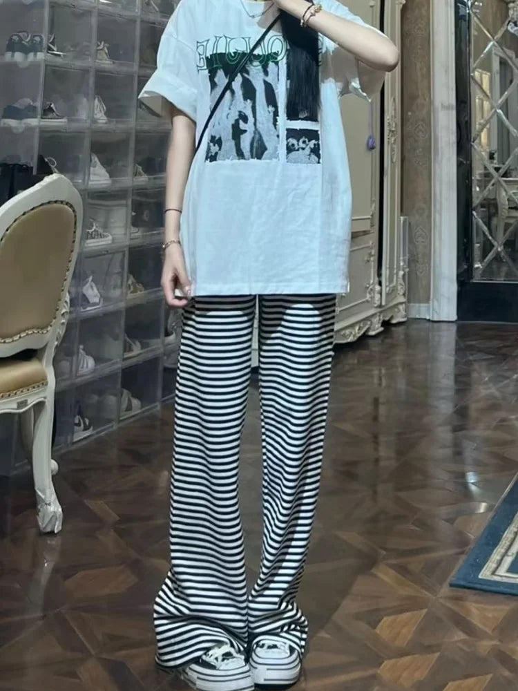 LIZAKOSHT  -  Casual Women Fashion Black Striped Drawstring Wide Leg Trousers Summer Vintage High Waist Female Chic Bottoms
