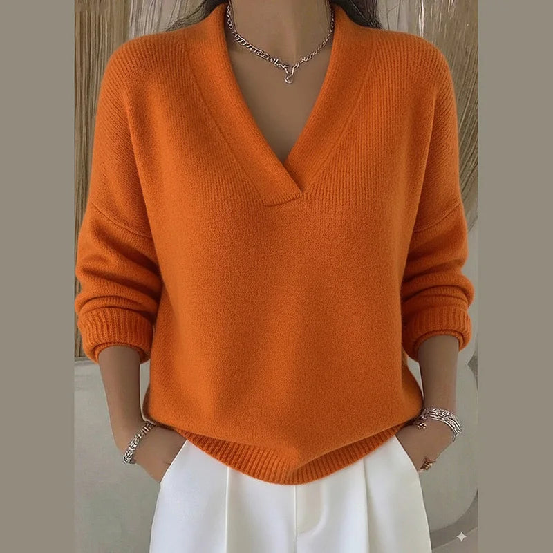 LIZAKOSHT  -  Deep V Neck Knit Sweater Women Long Sleeve Cuff Hem Ribbed Fuzzy Solid Casual Pullover Jumper Autumn Fashion Casual Tops