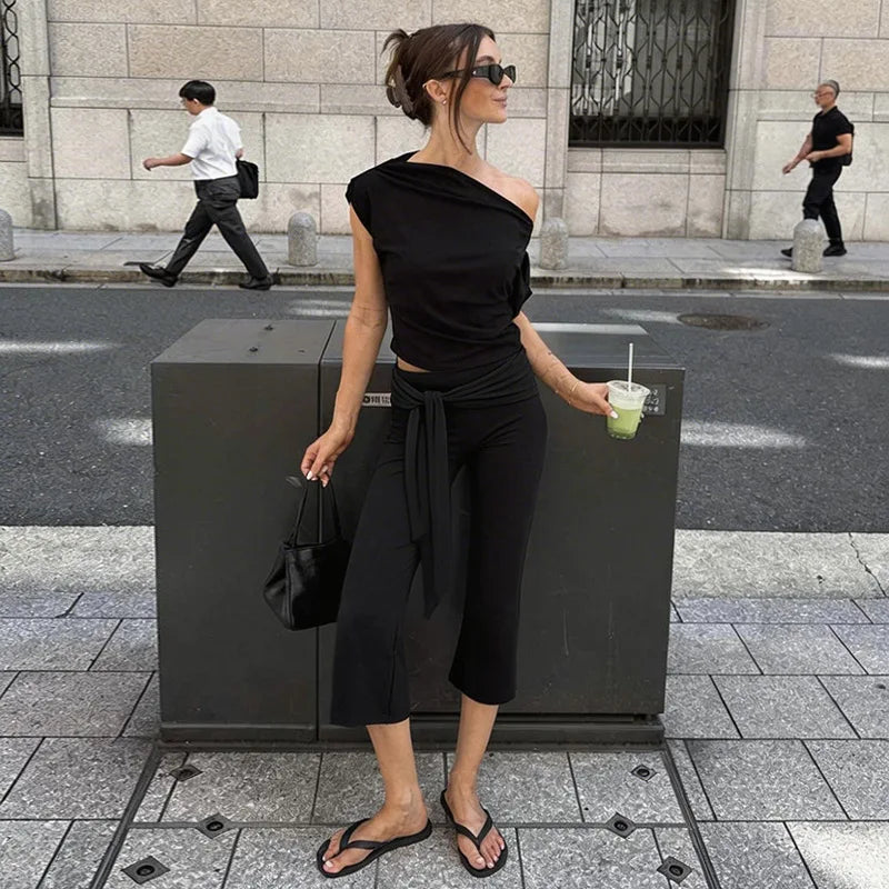 LIZAKOSHT  -  Women's Low Waist Bandage Calf-length Pants Streetwear Fashion Casual Ladies Solid Color Trousers Female Slim Flare Pants