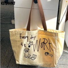 LIZAKOSHT  -  High-capacity Kawaii Y2k Women's Handbags Korean Vintage Letter Embroidery Shoulder Underarm Bag Trendy Casual Canvas Tote Bags