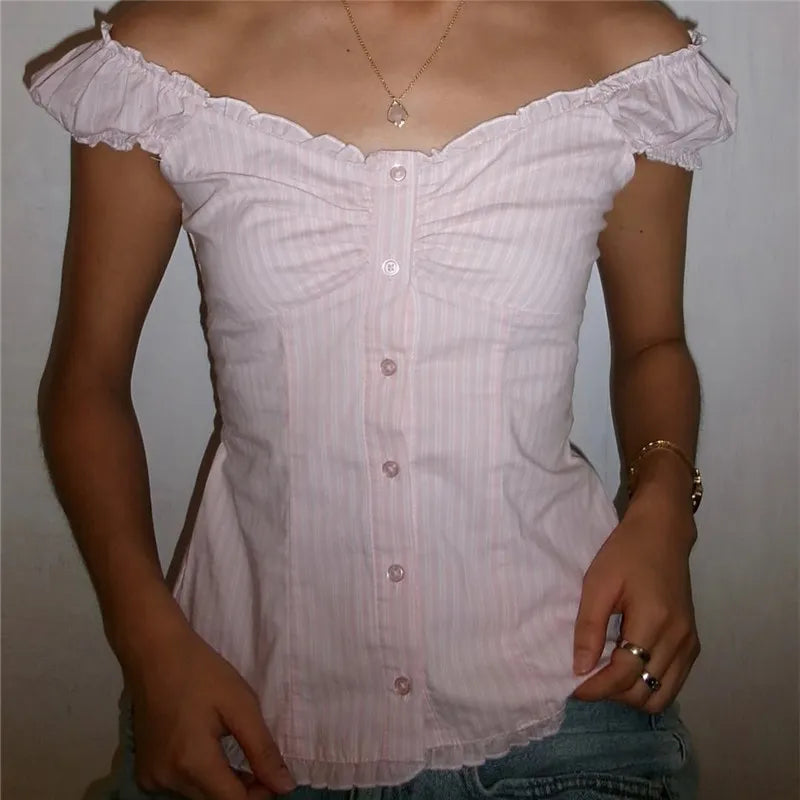 LIZAKOSHT  -  Women Y2k Fairy Coquette Shirt Cute Puff Short Sleeve Button Down Frill Trim Smocked Tops Aesthetic Grunge Streetwear