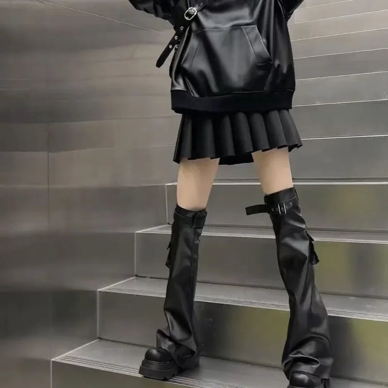 LIZAKOSHT -  Y2k Black PU Leather Hoodied Pleated Skirt Korean Fashion Harajuku Sweatshirt Women Hip Hop Streetwear Oversized Outerwear