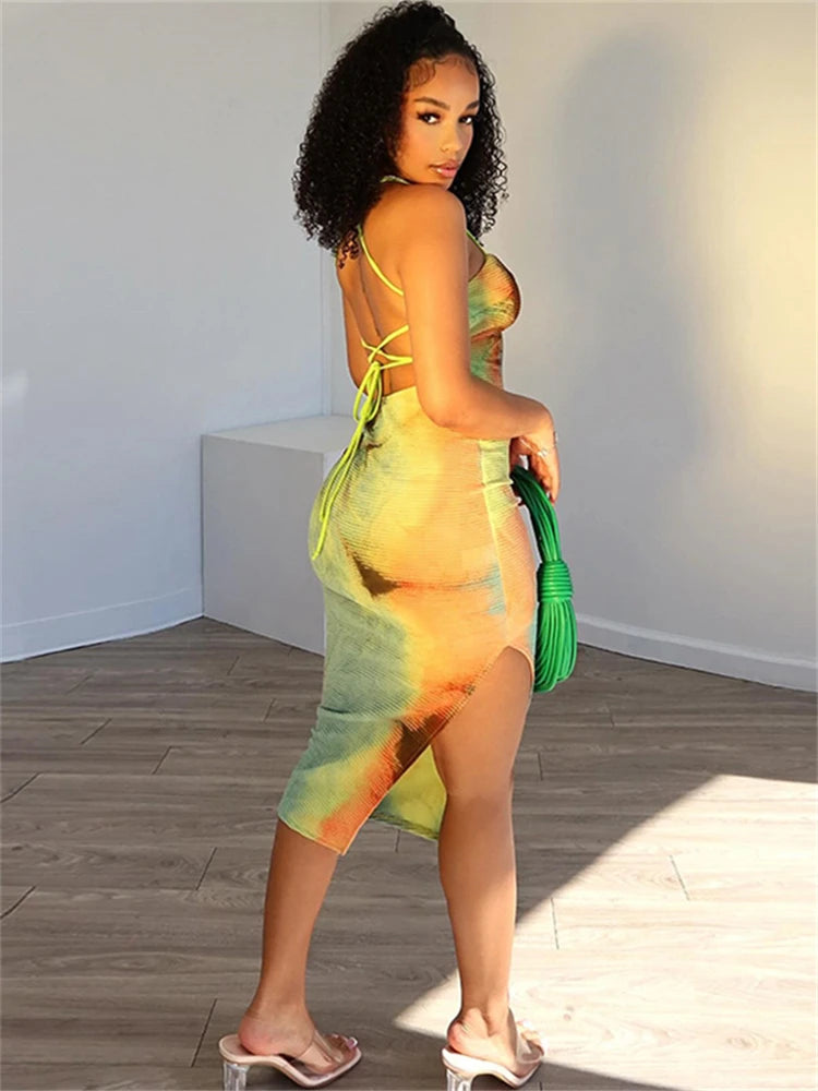 LIZAKOSHT  -  Summer Tie-dye Print Sexy Bandage Camisole Maxi Dress Vacation Outfit For Women 2024 Backless Split Beach Party Vestidos