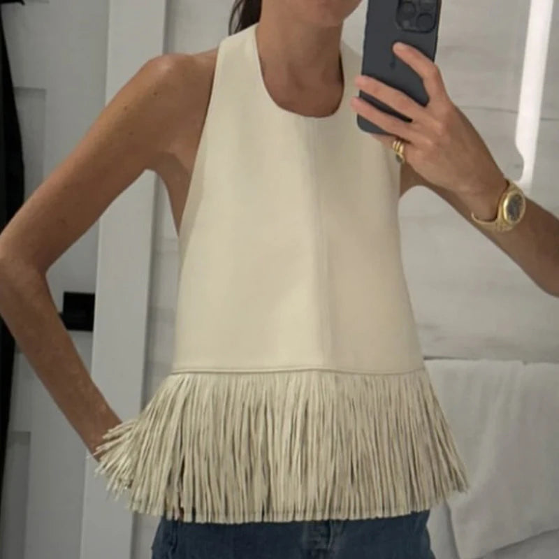 LIZAKOSHT  -  Women's Elegant O-neck Tassel Splicing Vest Fashion Commute High Waist Summer Tank Tops Casual Street Solid PU Leather Blouses