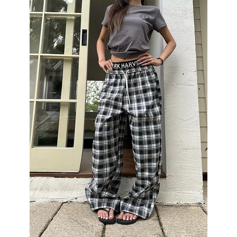 LIZAKOSHT  -  Women High Waist Y2k Loose Straight Leg Pants Lady Korean Harajuku Baggy Wide Leg Trousers Female Casual Grunge  Plaid Slacks