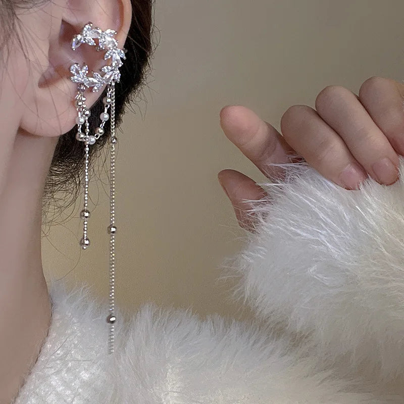 Lizakosht Korea Fashion Zirconia Moon C-shaped Pearl Tassel Clips Earrings For Women Luxury Ear Cuff Pendientes Party Jewelry
