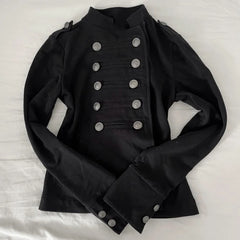 LIZAKOSHT  -  Y2K Women Vintage Black Hot Girl Jacket Stand Collar Double Breasted Metal Buttons Slim Coat Harajuku Winter Gothic Sweatshirt