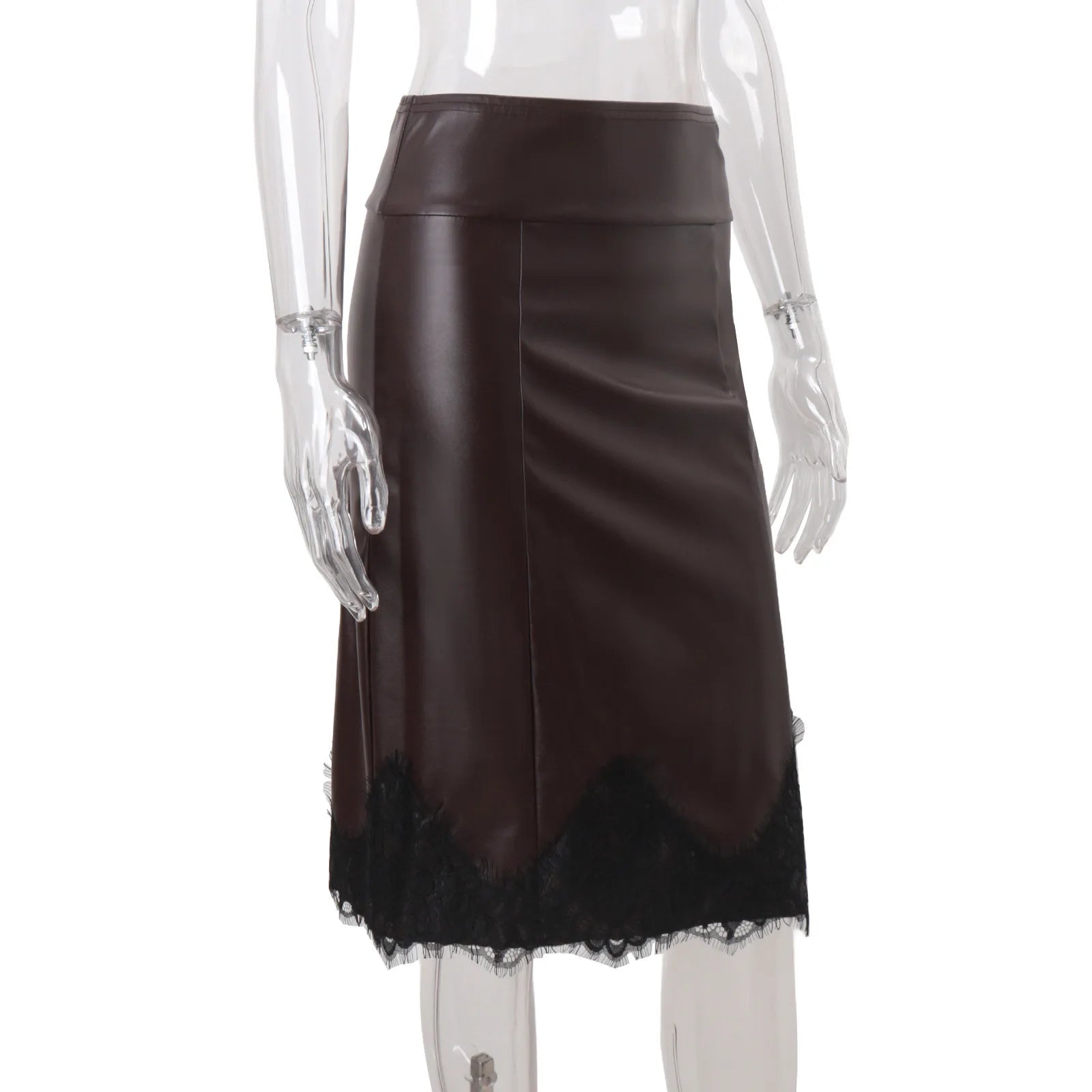 LIZAKOSHT  -  Patchwork PU Leather Lace Women Skirt Brown High Waist Mini Skirt Female Autumn Winter New Elegant Party Streetwear