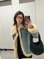 Lizakosht Harajuku Vintage Y2k Jackets Warm Thicken Downy Long Sleeve Design Denim Coats Winter Casual Loose All Match Women Clothing 2024