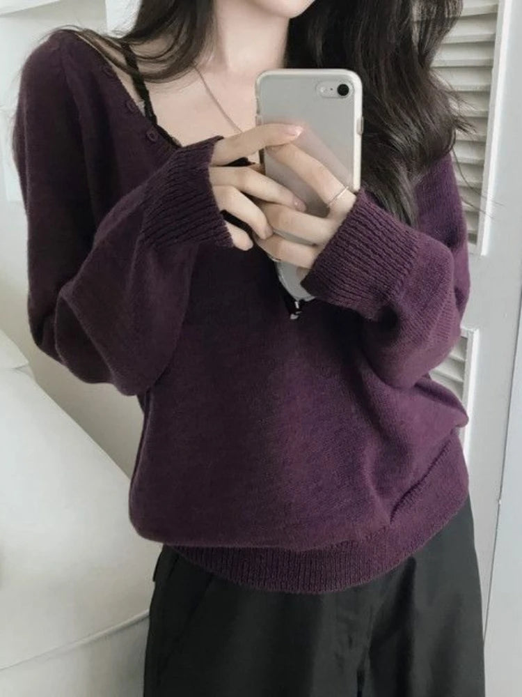 LIZAKOSHT  -  Streetwear Vintage Solid Knitted Grunge Sweaters Y2k Aesthetic Loose Casual Pullovers Women Harajuku Autumn Button Jumpers