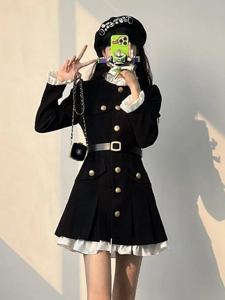 LIZAKOSHT  -  French Fashion Mini Dress Women Small Fragrance Long Sleeve Button Patchwork Suit Dresses Sweet Belt Slim O Neck Chic Vestidos