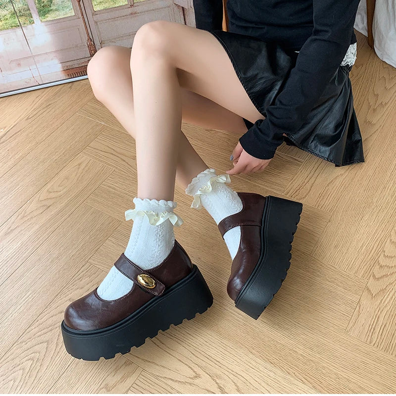 LIZAKOSHT  -  Autumn Vintage Platform Women Mary Jane Shoes  Fashion Outdoor Stripper Shoes Ladies Thick High Heels jk Leather Pumps