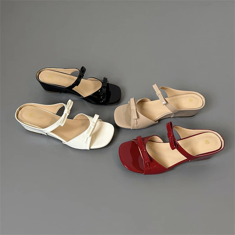 LIZAKOSHT  -  Summer Elegant Butterfly-knot Square Toe Women Slippers Fashion Design Wedges Low Heels Banquet Slide Shoes