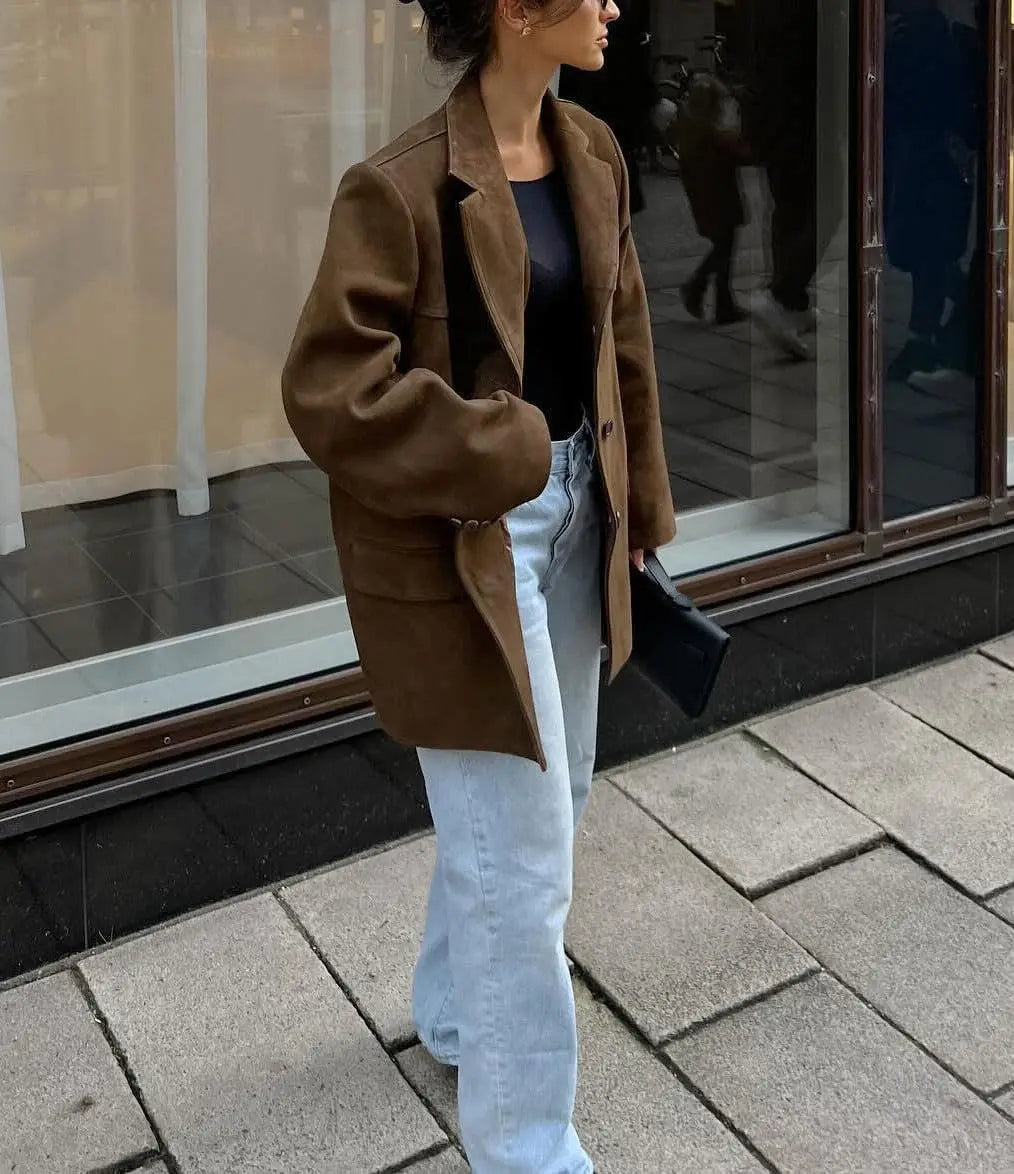 LIZAKOSHT  -  Leisure Suit Coat Women's Suede Autumn and Winter Jacket Commuter Wind Women's Coat