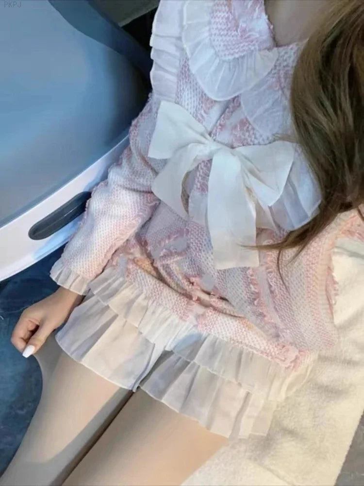 LIZAKOSHT  -  Pink Kawaii Elegant Skirt Suit Women Plaid Korean Sweet Two Piece Set Winter Long Sleeve O-neck Coat + Party Mini Skirt New