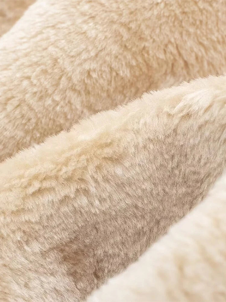 LIZAKOSHT  -  Mid Length Leather Fur One-Piece Jacket Coat Knot Buckle Lamb Faux Fur Overcoat Round Neck Women Classic Two Wear Outwear Top