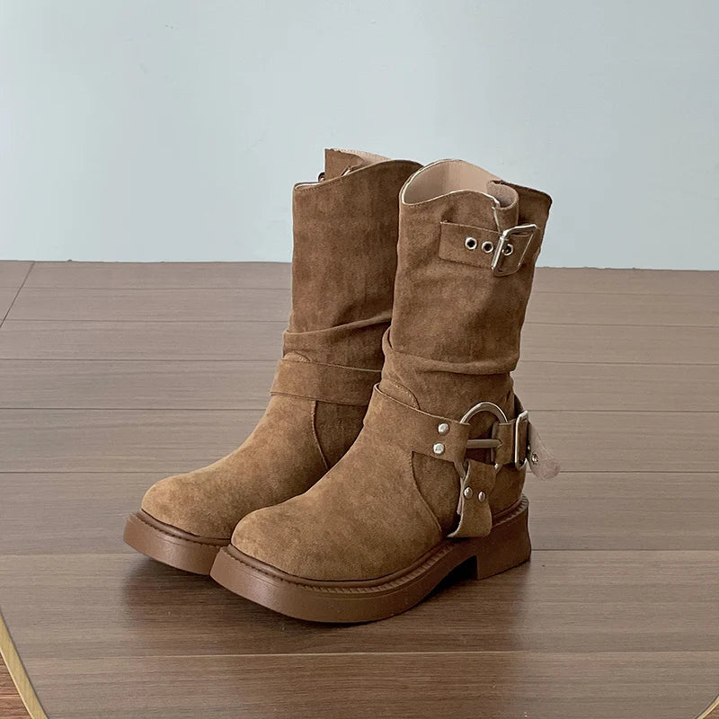 LIZAKOSHT  -  Vintage Low Heel Women Ankle Boots Fashion Belt Buckle Shoes Autumn Winter Short Booties Zapatos De Mujer