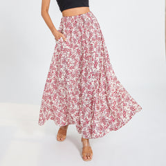 LIZAKOSHT  -  Women Summer Floral Print Swing Long Skirts Casual Elastic Waist Drawstring Flared A-Line Skirt