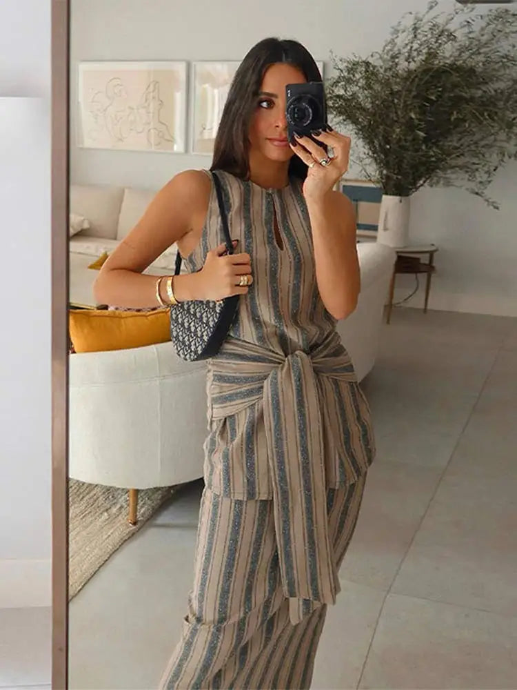 LIZAKOSHT  -  Women Striped Midi Skirt 2 Pieces Set With Belt Casual O Neck Sleeveless Top Skirts Suit 2024 Fashion Lady Vacation Party Outfit