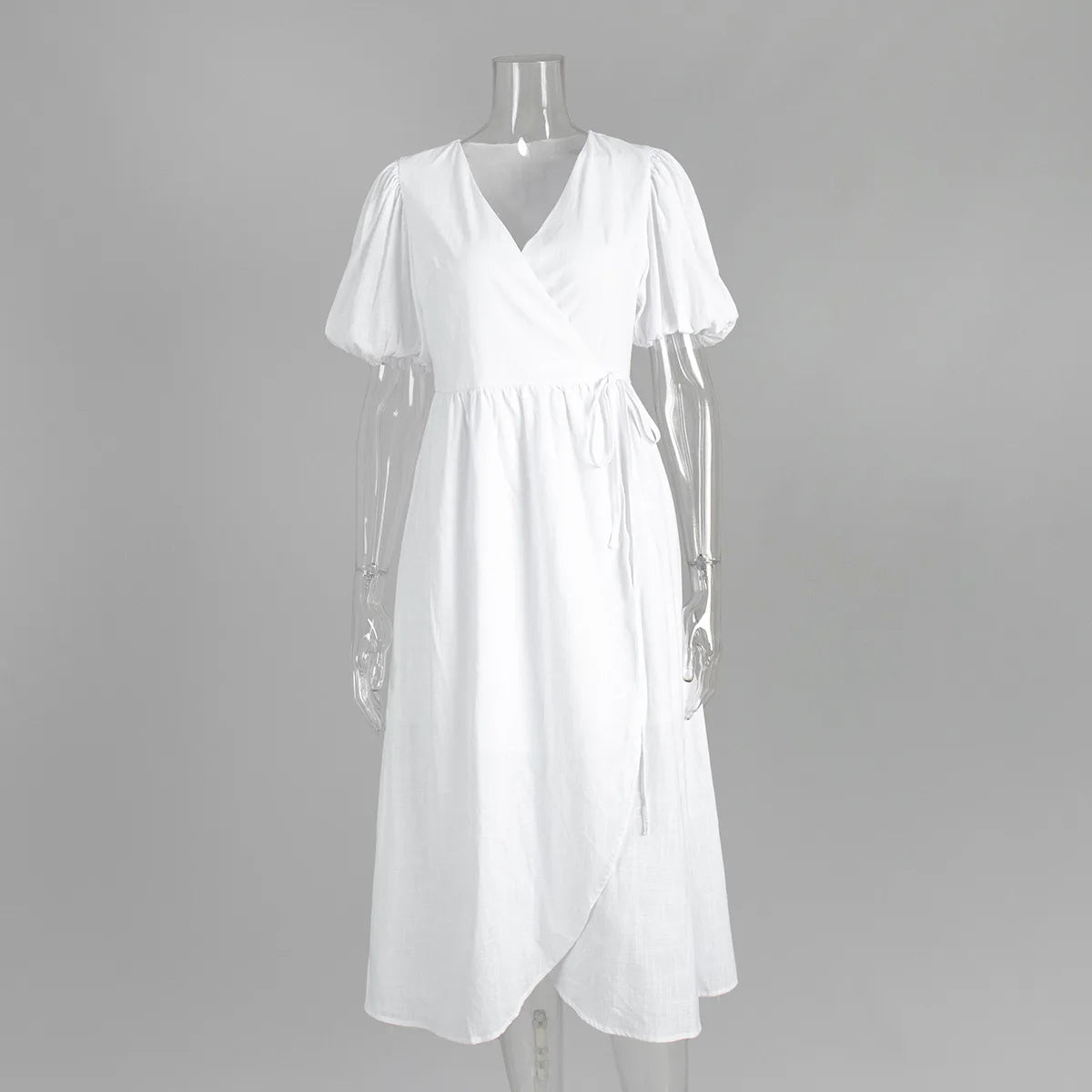 LIZAKOSHT  -  100% Cotton Women Fashion Puff Sleeve V-Neck Long Dress High Waist Elegant Boho Maxi Dress Vestidos Clothes
