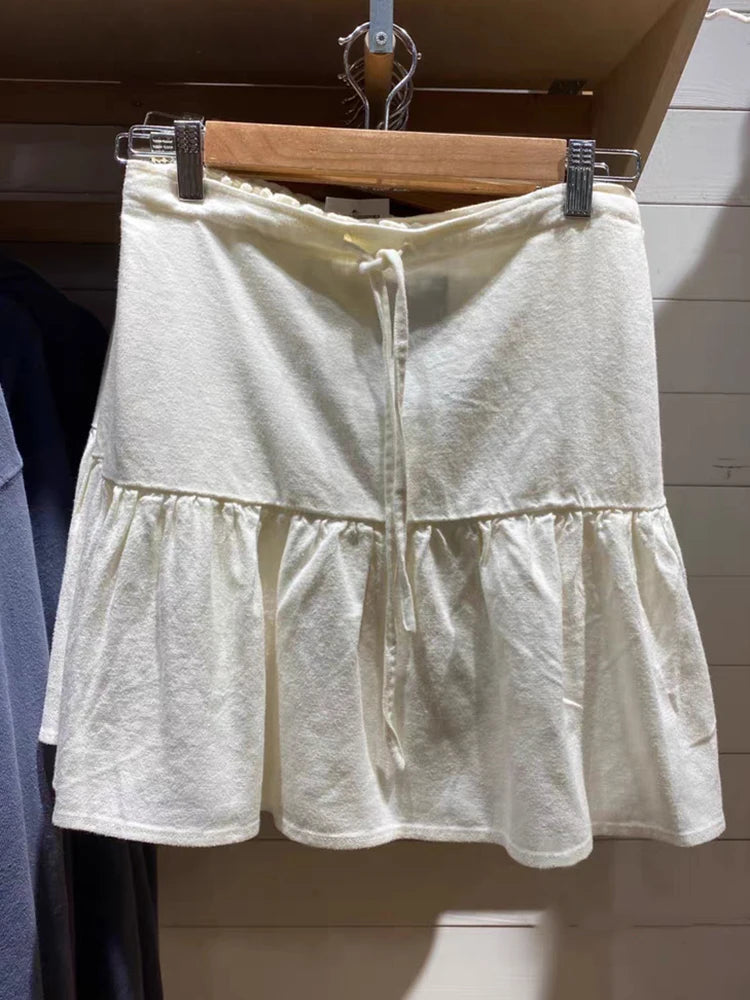 LIZAKOSHT  -  Sweet Beige Lace-up Skirts Women Linen Elastic High Waist Ruffles Hem Cute Mini Skirts Casual Vintage Summer Clothes 2023 New