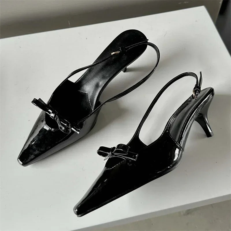 LIZAKOSHT  -  Patent Leather Bow Sandals Women Pumps Pointed Toe Low Heel Slingback Shoe Ladies Shallow Fashion Elegant High Heels Dress Shoes