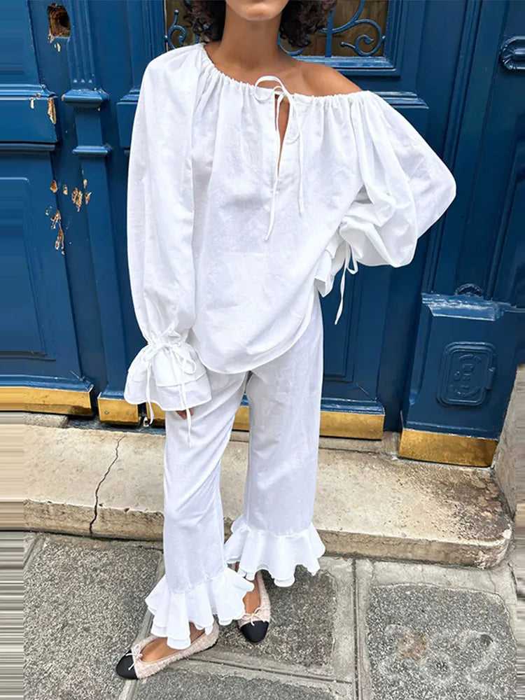 LIZAKOSHT  -  Autumn Casual Off Shoulder Top Pants Sets Women Pleated Lace Up Flare Sleeve Shirt Wide Leg Pant Lady Loose 2 Piece Suit