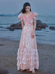 LIZAKOSHT  -  Sweet Pink Celebrity Dresses V-neck Pearl Floral Puff Sleeve A-line Sequins Detachable Bow Quinceanera Evening Prom Formal Gowns
