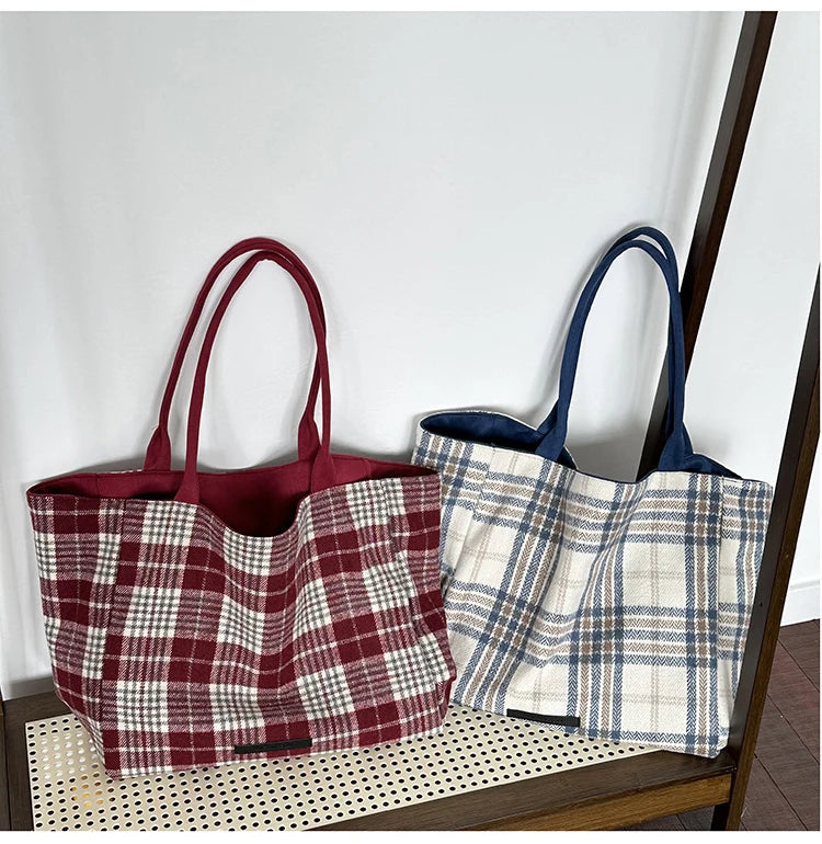 LIZAKOSHT  -  Autumn and Winter Woolen Plaid Shoulder Bag Double Sided Use Handbag Large Capacity Tote Bags For Women