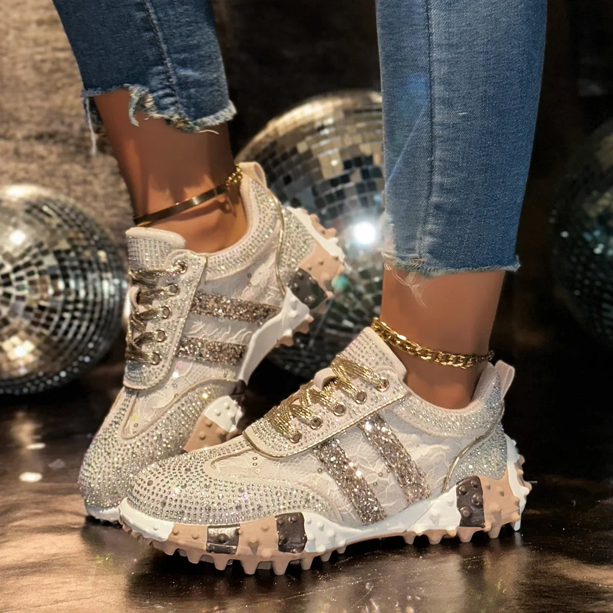 LIZAKOSHT  -  Breathable Casual Sporty Women's Single Shoes Spring Autumn Thick Bottom Leisure Sports Water Diamond Mesh Shoes Dad Sneakers