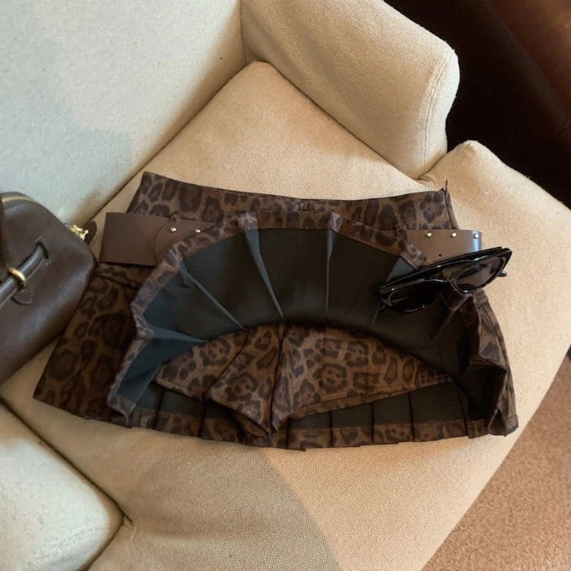 LIZAKOSHT  -  Y2K Leopard Mini Skirt Women Streetwear Belt High Waist Hottie Vintage Pleated Skirts American Retro Harajuku Fall Short Skirt