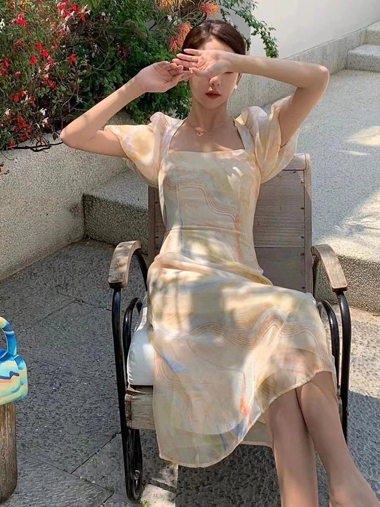 LIZAKOSHT  -  New Korea Sexy Sweet Backless Dresses For Women Vestidos De Mujer Puff Sleeves Summer Robe Femme Fashion Temperament Dress